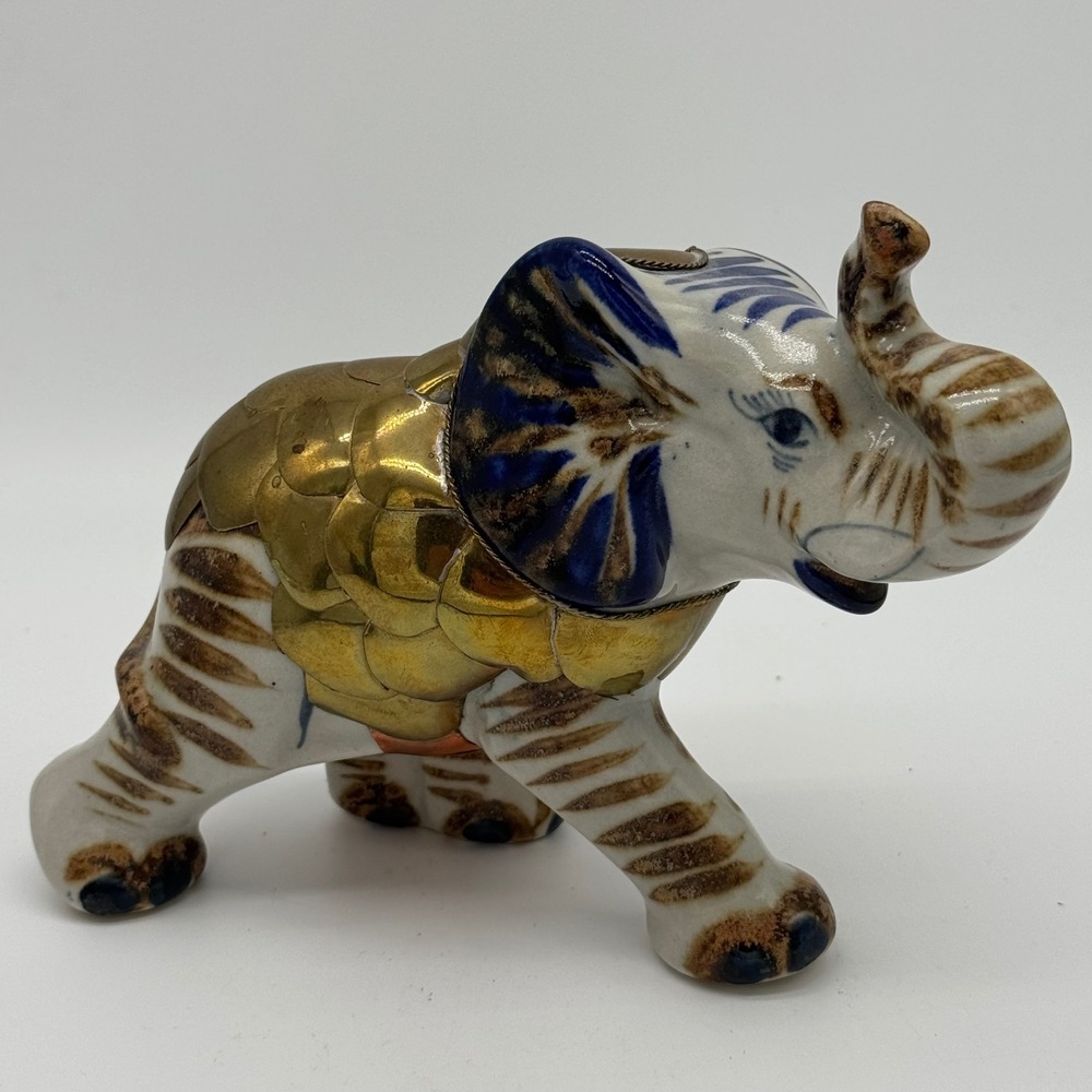 Vtg Tonala Mexico Brass Armored Elephant Figurine Ceramic Mixed Media Folk Art